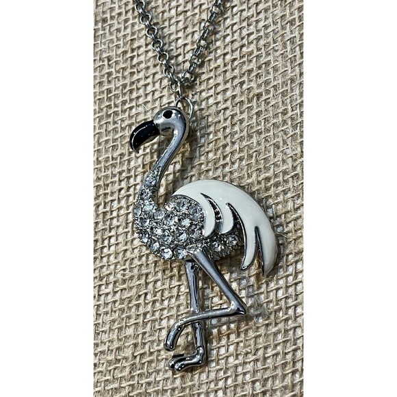 Chicos Clear Rhinestone & Enamel Flamingo Pendant Silver Tone Necklace  30~33in - Picture 3 of 10